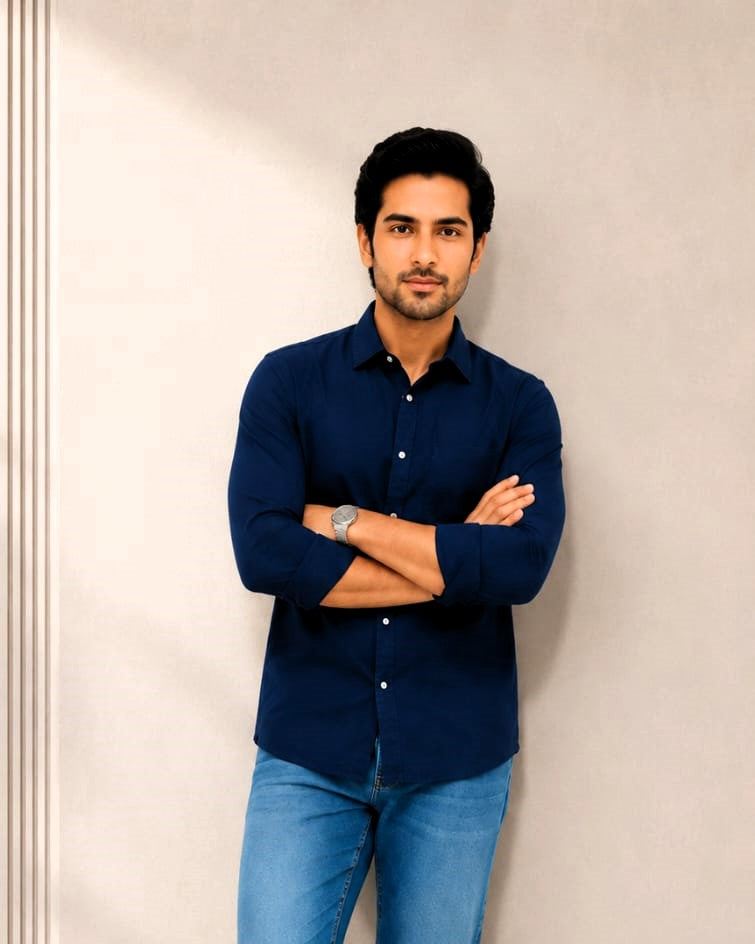 Navy blue linen shirt for men
