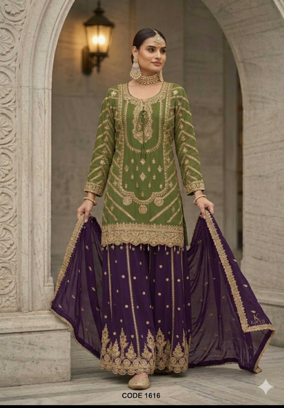 Olive Green & Royal Purple Heavy Embroidered Sharara Suit