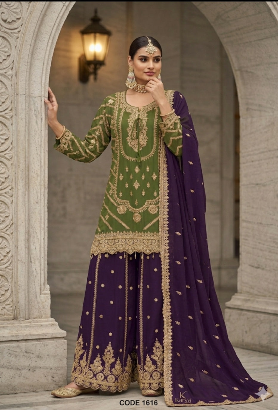 Olive Green & Royal Purple Heavy Embroidered Sharara Suit
