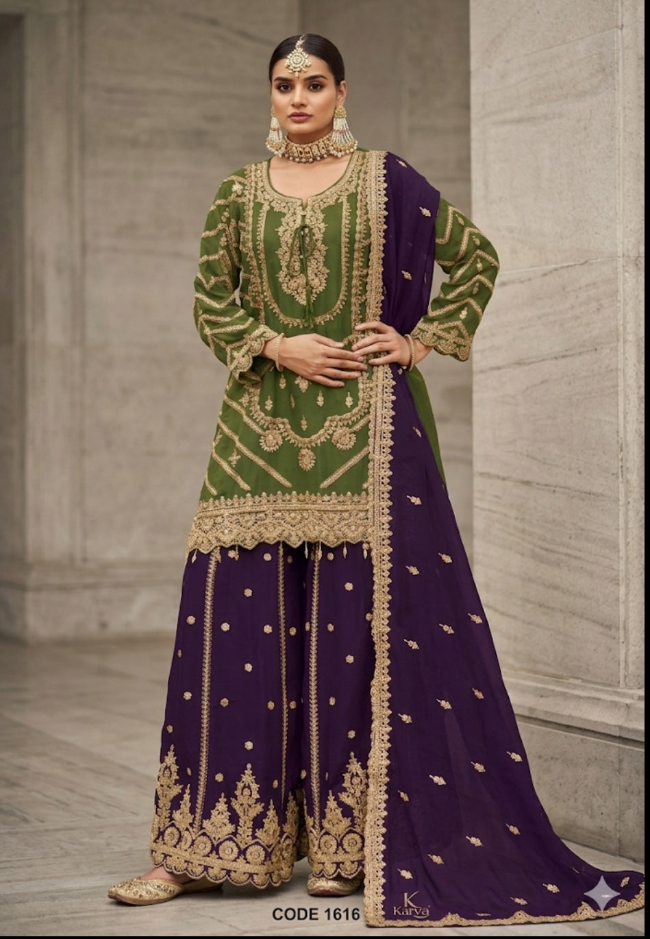 Olive Green & Royal Purple Heavy Embroidered Sharara Suit