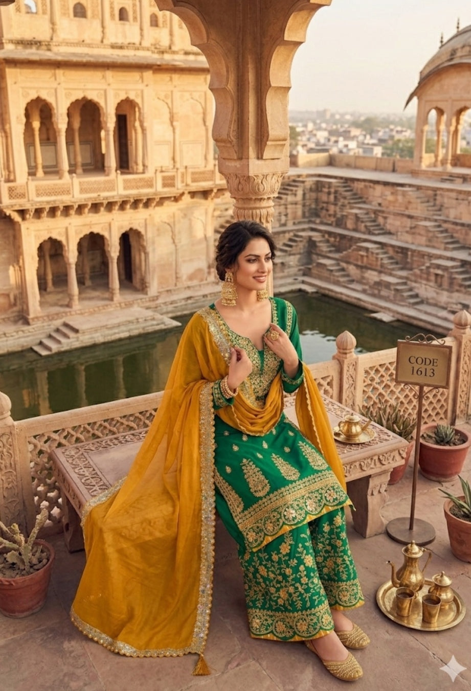 Emerald Green Heavy Embroidered Sharara Suit with Mustard Dupatta
