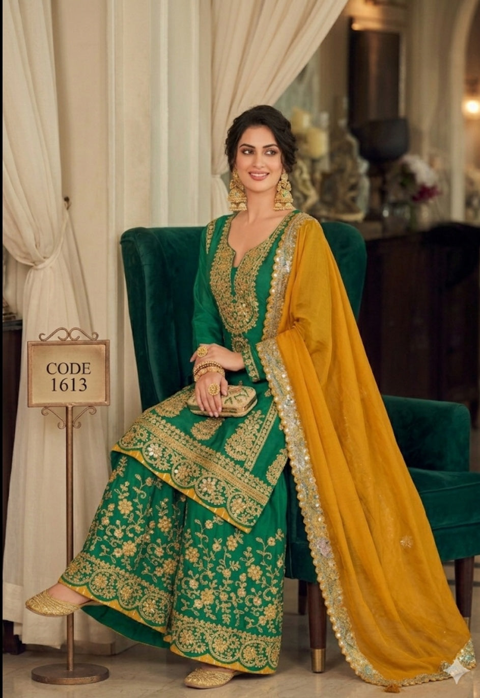 Emerald Green Heavy Embroidered Sharara Suit with Mustard Dupatta