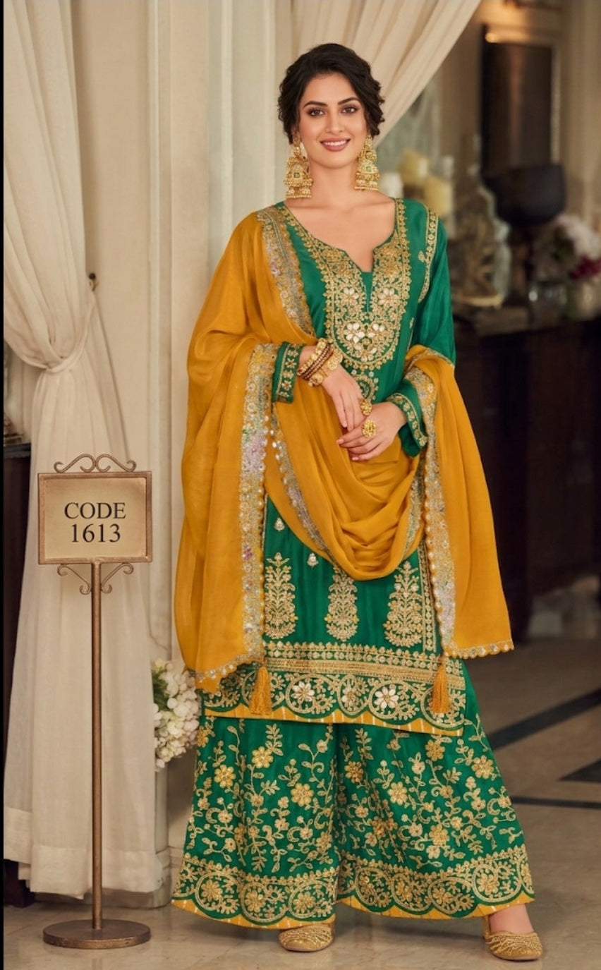 Emerald Green Heavy Embroidered Sharara Suit with Mustard Dupatta
