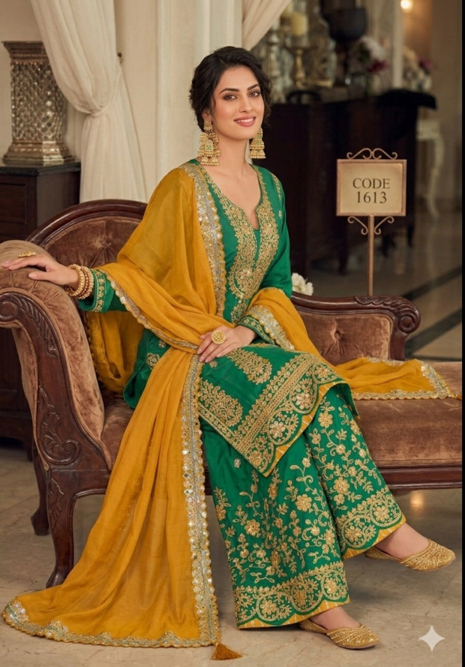 Emerald Green Heavy Embroidered Sharara Suit with Mustard Dupatta