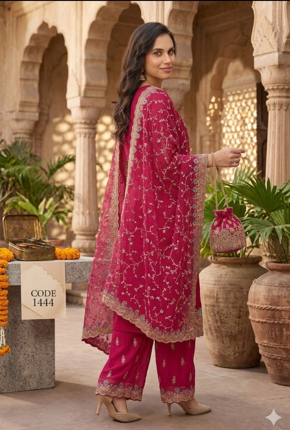 Hot Pink Embroidered Palazzo Suit Set with Designer Dupatta