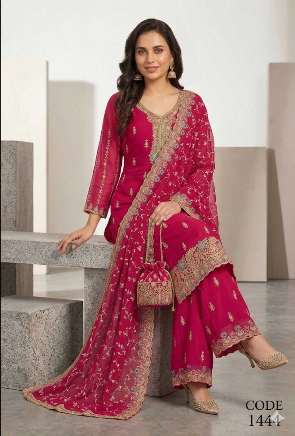 Hot Pink Embroidered Palazzo Suit Set with Designer Dupatta