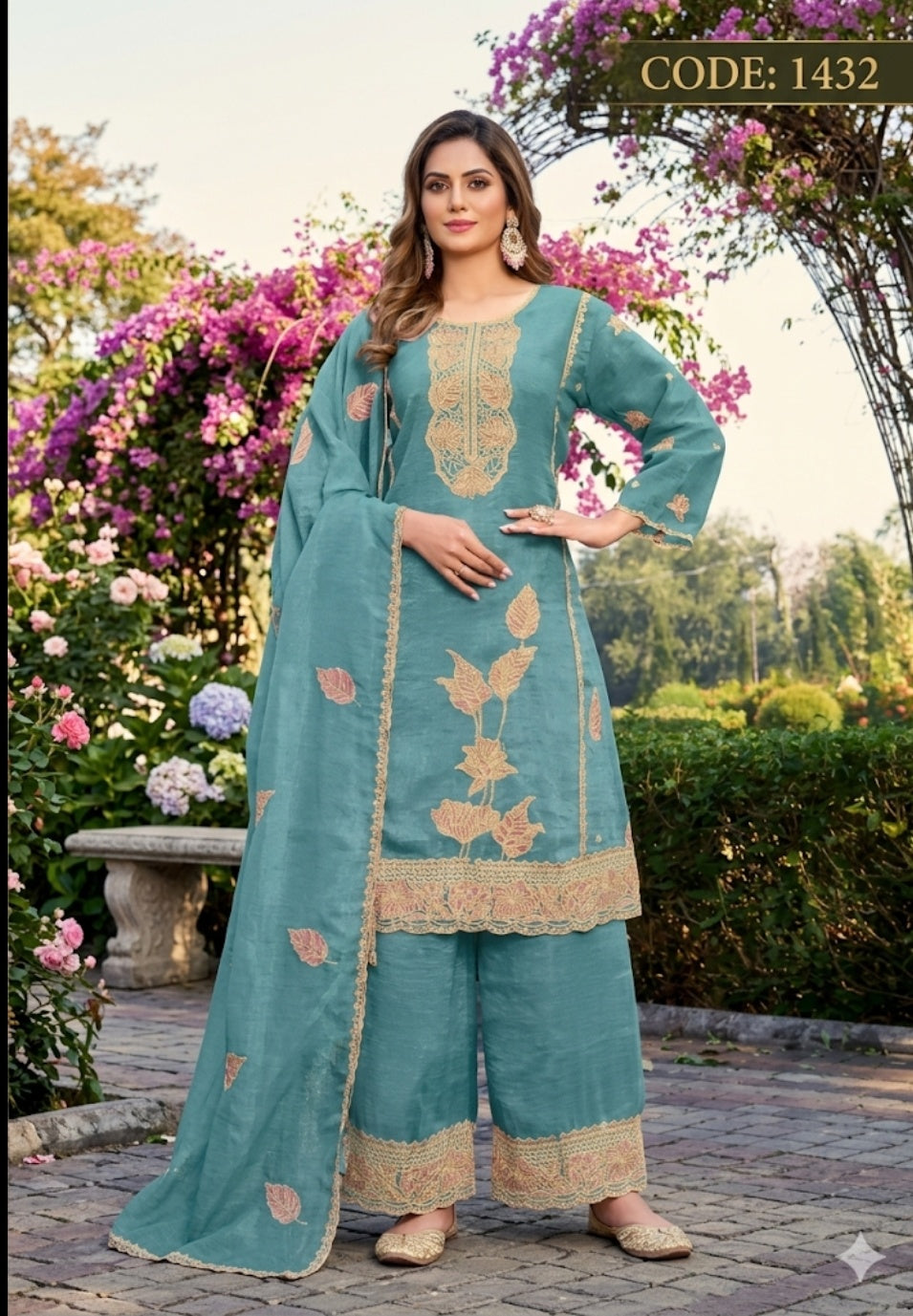 Powder Blue Embroidered Kurta Palazzo Set with Elegant Dupatta