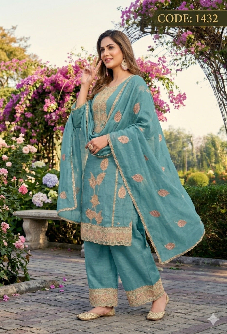 Powder Blue Embroidered Kurta Palazzo Set with Elegant Dupatta