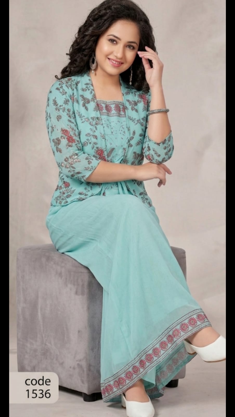 Sky Blue Floral Printed Co-Ord Set with Wide-Leg Palazzo