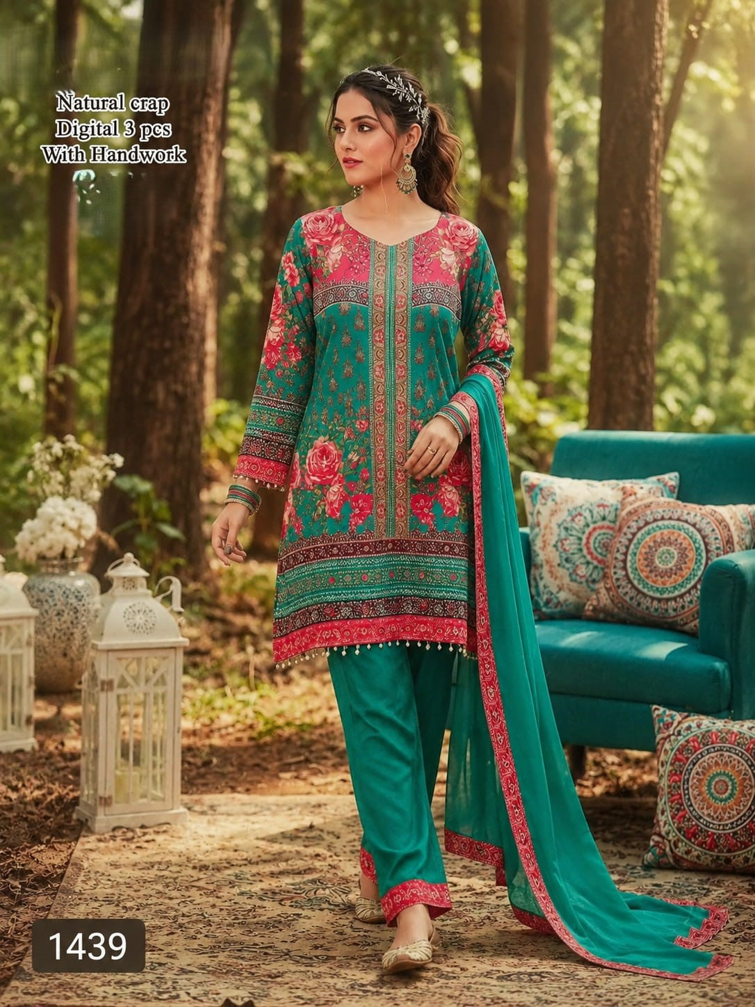 Teal Green & Pink Natural Crepe Digital Print 3-Piece Suit with Handwork Embroidery – Elegant Festive Salwar Kameez Set