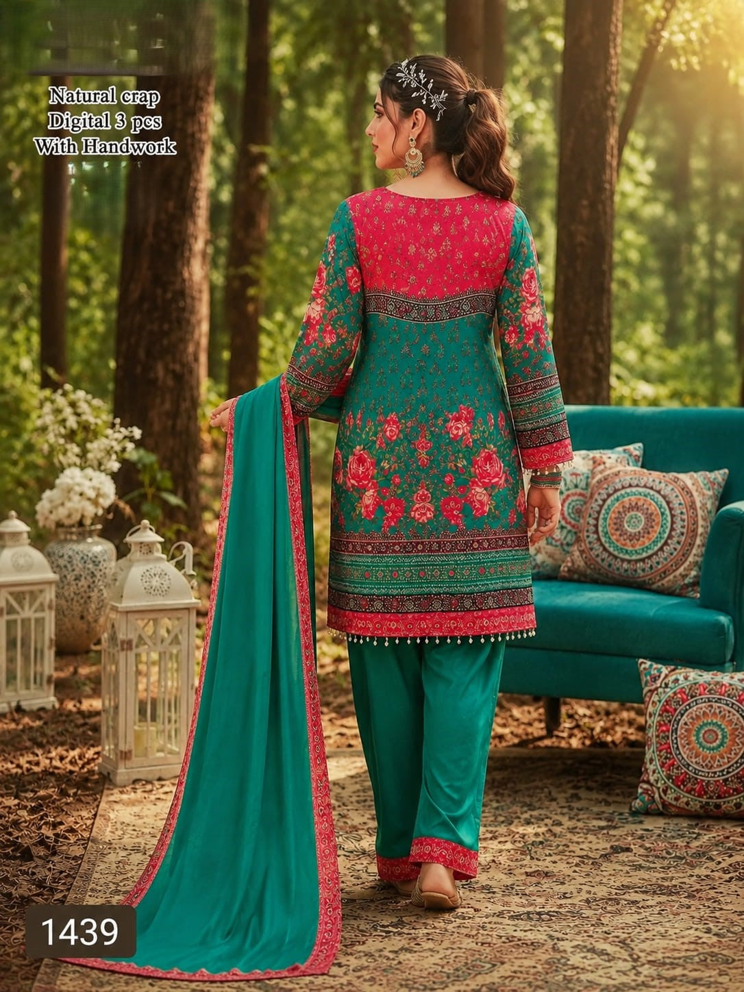 Teal Green & Pink Natural Crepe Digital Print 3-Piece Suit with Handwork Embroidery – Elegant Festive Salwar Kameez Set