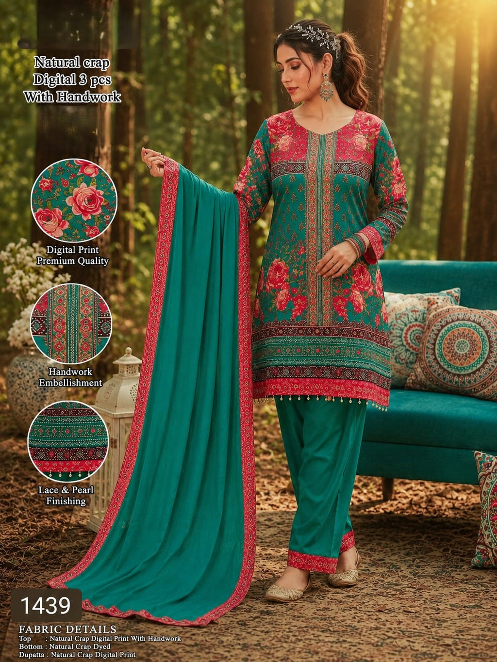 Teal Green & Pink Natural Crepe Digital Print 3-Piece Suit with Handwork Embroidery – Elegant Festive Salwar Kameez Set