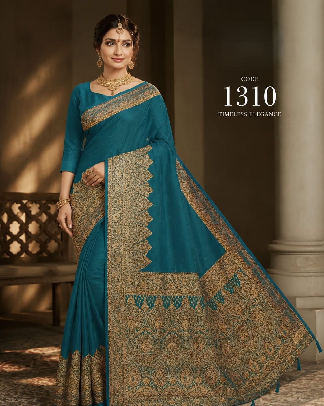 Peacock Teal Blue Saree with Rich Gold Woven Border & Pallu – Premium Elegant Party Wear Silk Saree