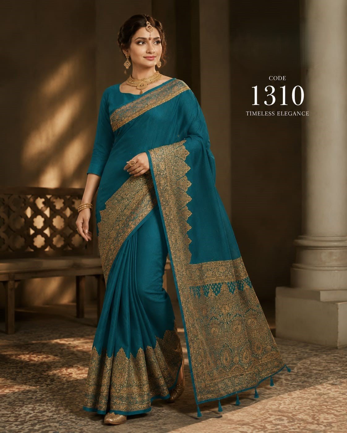 Peacock Teal Blue Saree with Rich Gold Woven Border & Pallu – Premium Elegant Party Wear Silk Saree