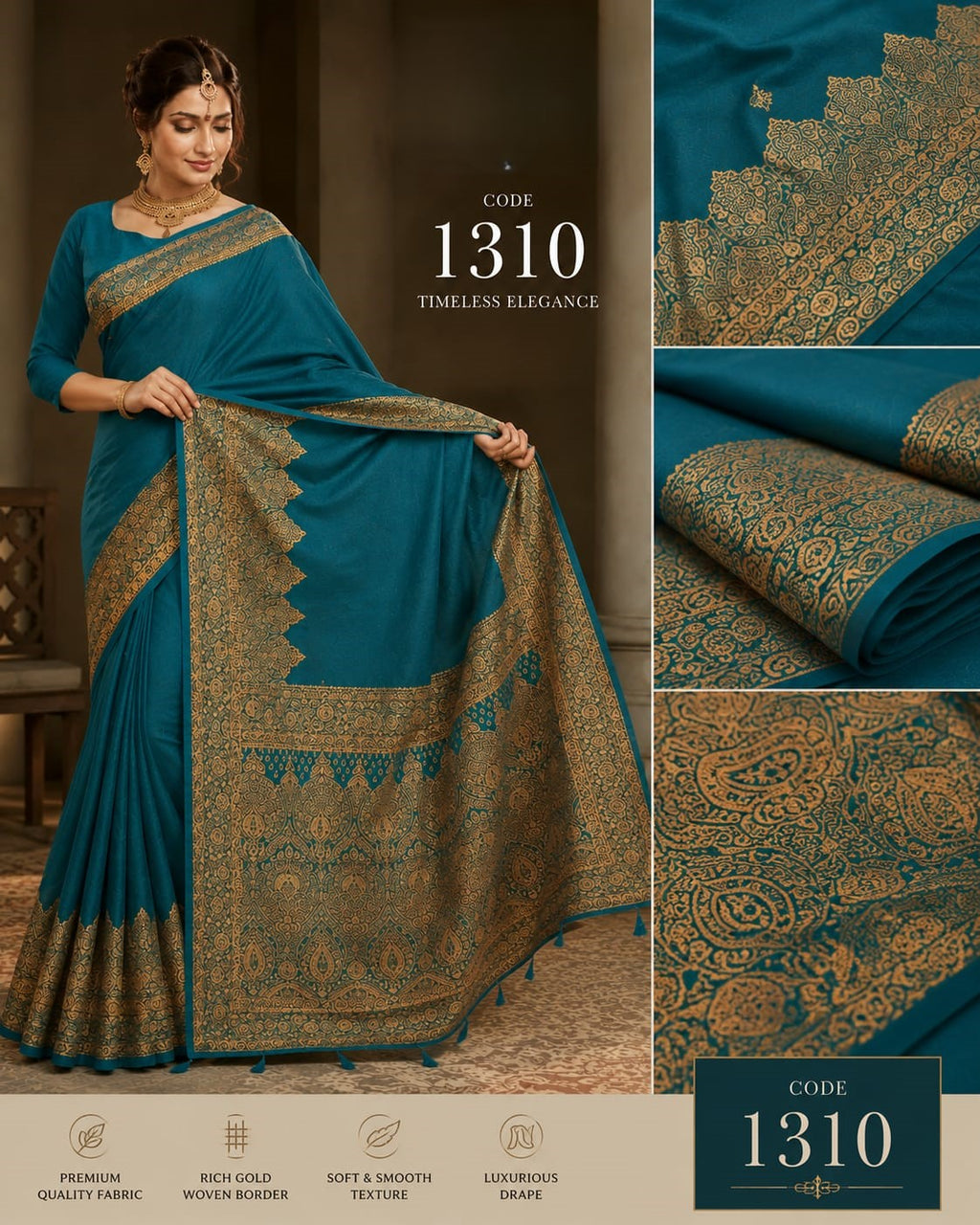 Peacock Teal Blue Saree with Rich Gold Woven Border & Pallu – Premium Elegant Party Wear Silk Saree