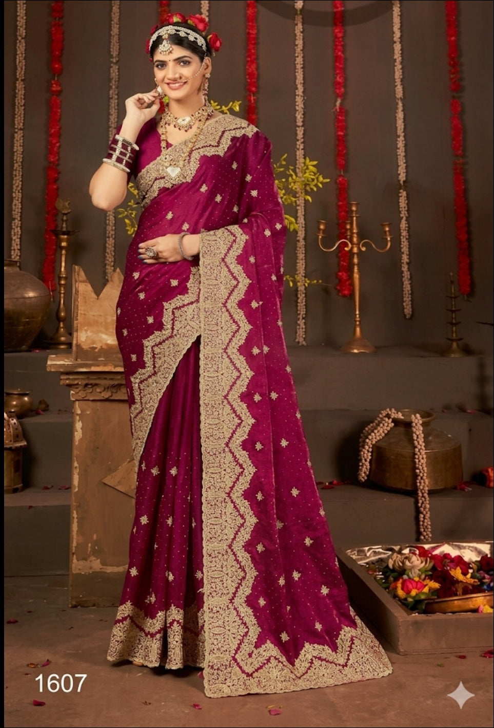 Magenta bridal saree, heavy zari work saree, scalloped border saree, wedding silk saree, wine color designer saree, Indian bridal wear