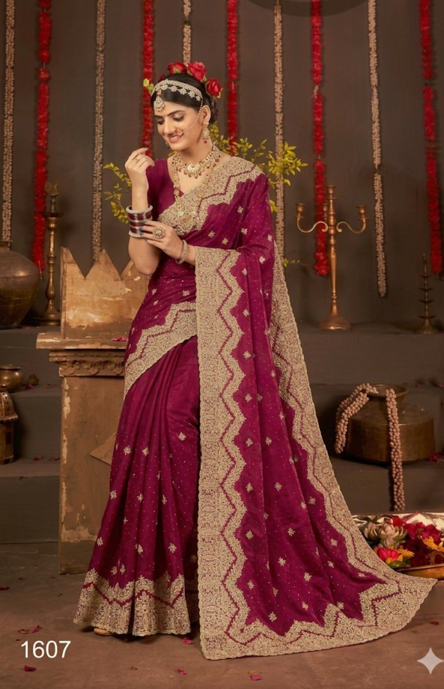 Magenta bridal saree, heavy zari work saree, scalloped border saree, wedding silk saree, wine color designer saree, Indian bridal wear