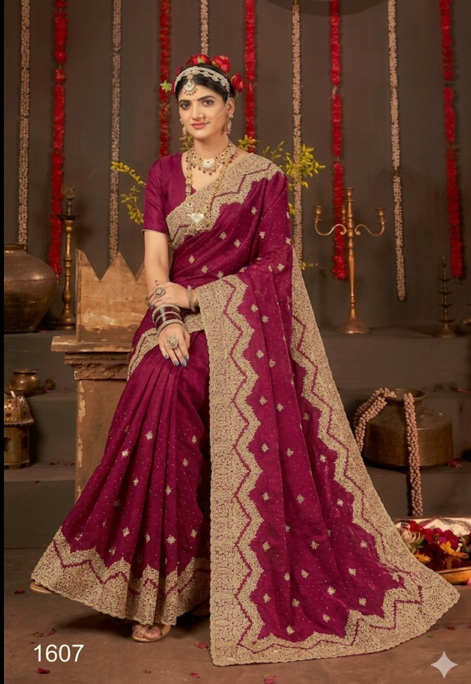 Magenta bridal saree, heavy zari work saree, scalloped border saree, wedding silk saree, wine color designer saree, Indian bridal wear