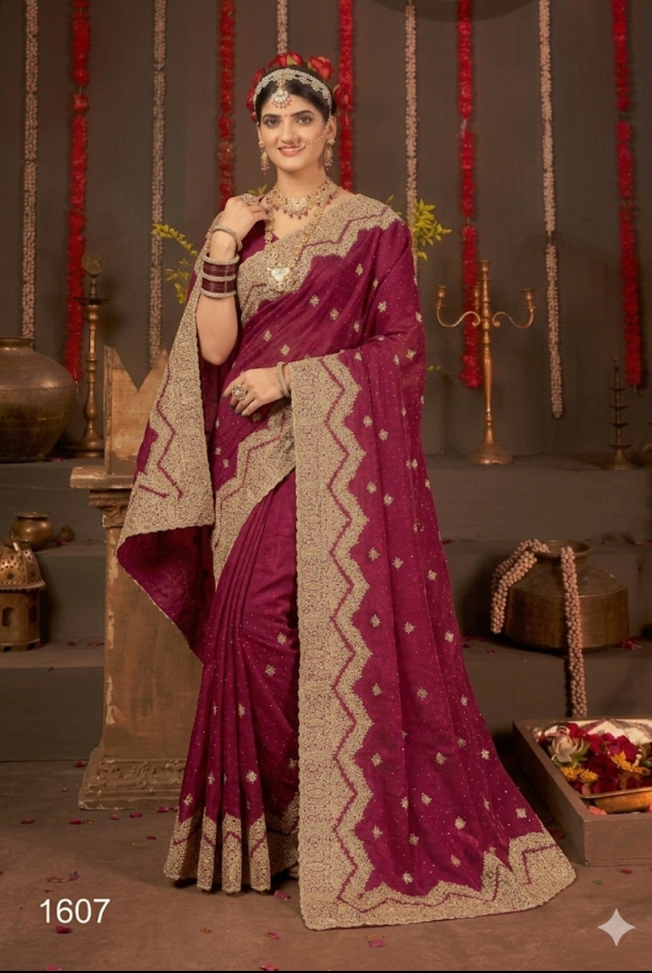 Magenta bridal saree, heavy zari work saree, scalloped border saree, wedding silk saree, wine color designer saree, Indian bridal wear