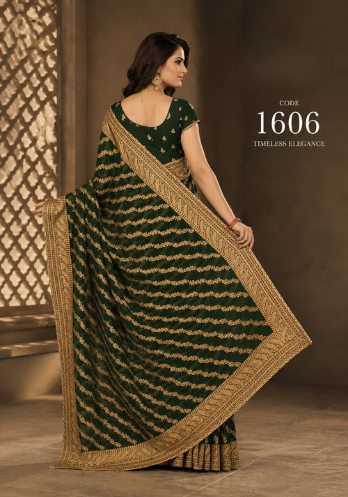 Bottle Green Premium Georgette Saree with Heavy Gold Embroidery Border & Designer Blouse – Elegant Wedding Party Wear Saree
