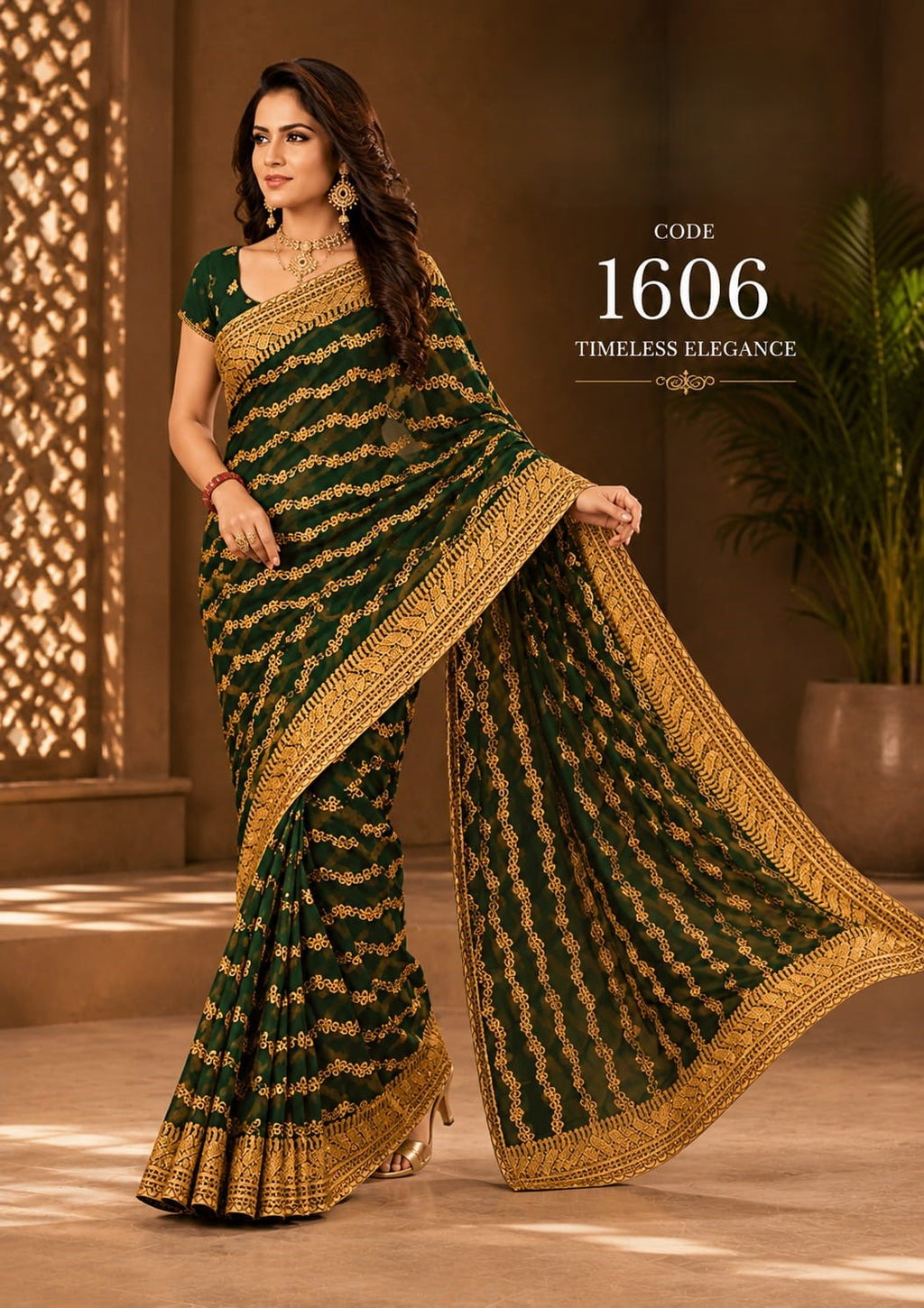 Bottle Green Premium Georgette Saree with Heavy Gold Embroidery Border & Designer Blouse – Elegant Wedding Party Wear Saree