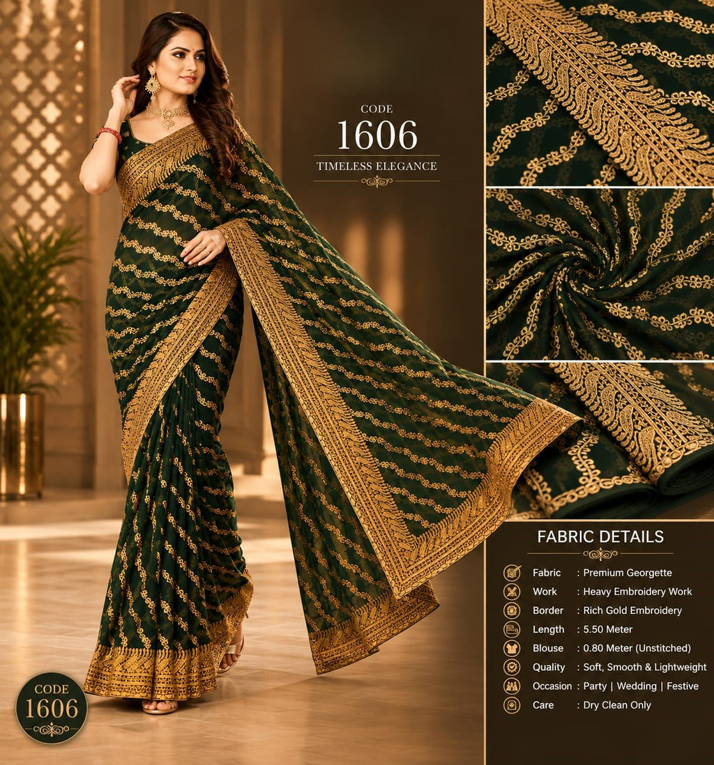 Bottle Green Premium Georgette Saree with Heavy Gold Embroidery Border & Designer Blouse – Elegant Wedding Party Wear Saree