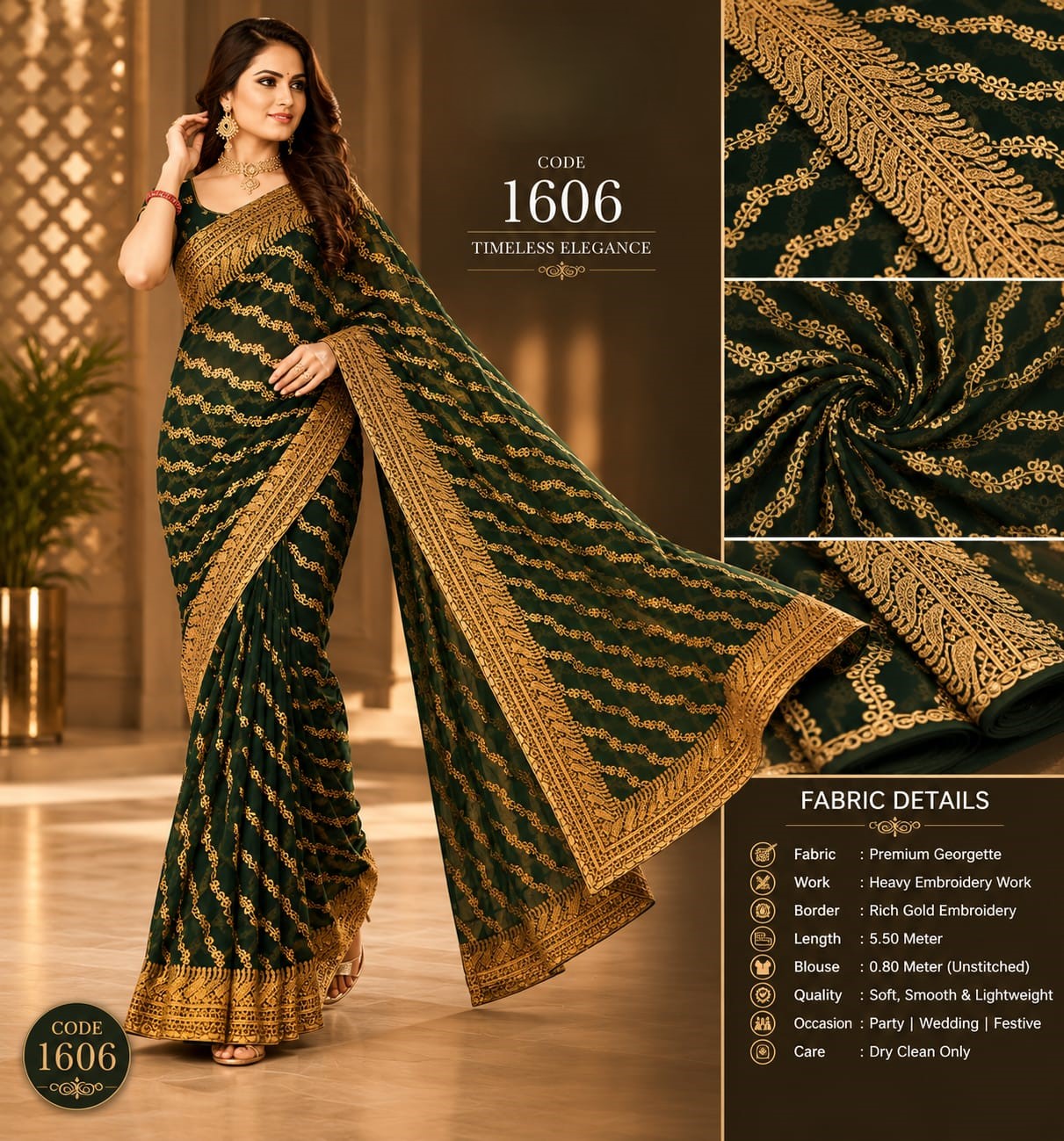 Bottle Green Premium Georgette Saree with Heavy Gold Embroidery Border & Designer Blouse – Elegant Wedding Party Wear Saree
