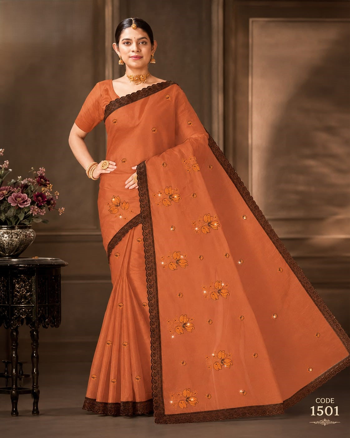 Rust Orange Premium Cotton Blend Saree with Delicate Floral Embroidery and Dark Brown Elegant Lace Border