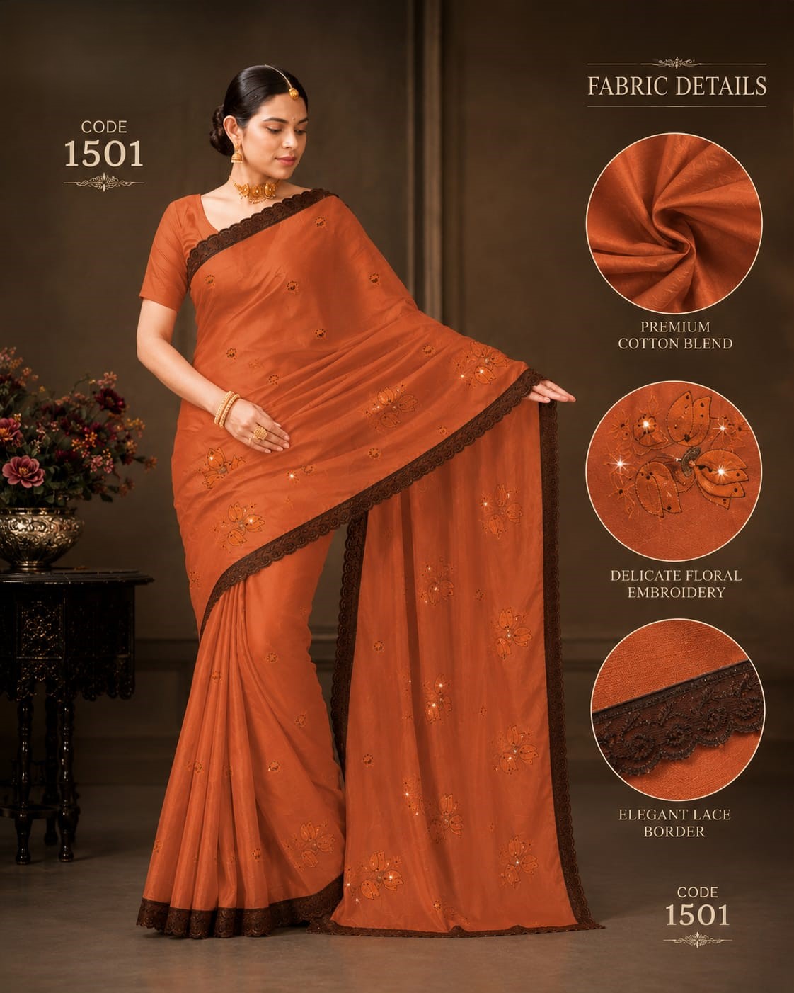 Rust Orange Premium Cotton Blend Saree with Delicate Floral Embroidery and Dark Brown Elegant Lace Border