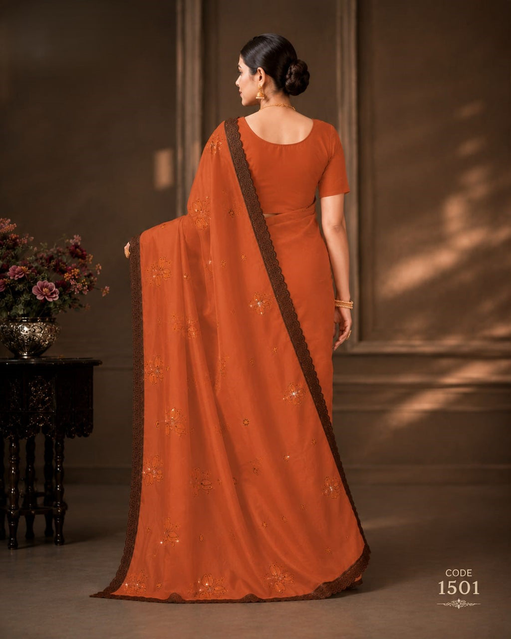 Rust Orange Premium Cotton Blend Saree with Delicate Floral Embroidery and Dark Brown Elegant Lace Border