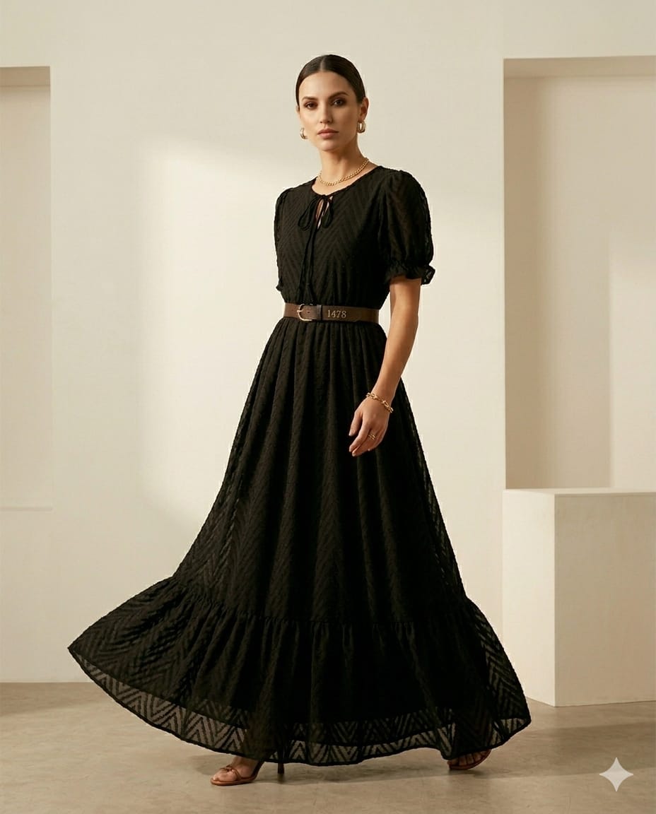 Classic Black Chiffon Tiered Maxi Dress – Short Puff Sleeve Boho Chic Gown