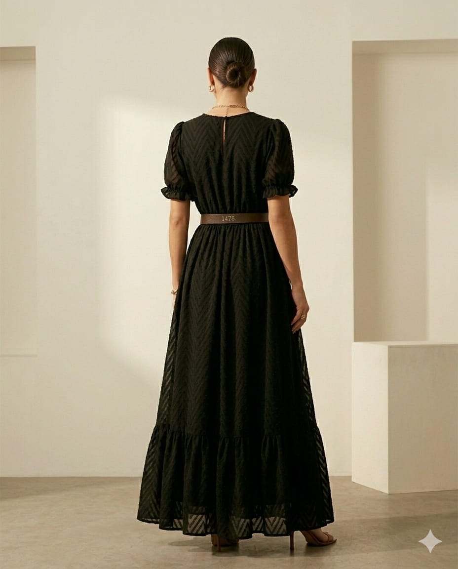 Classic Black Chiffon Tiered Maxi Dress – Short Puff Sleeve Boho Chic Gown