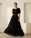 Classic Black Chiffon Tiered Maxi Dress – Short Puff Sleeve Boho Chic Gown