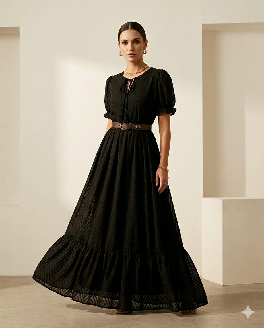 Classic Black Chiffon Tiered Maxi Dress – Short Puff Sleeve Boho Chic Gown