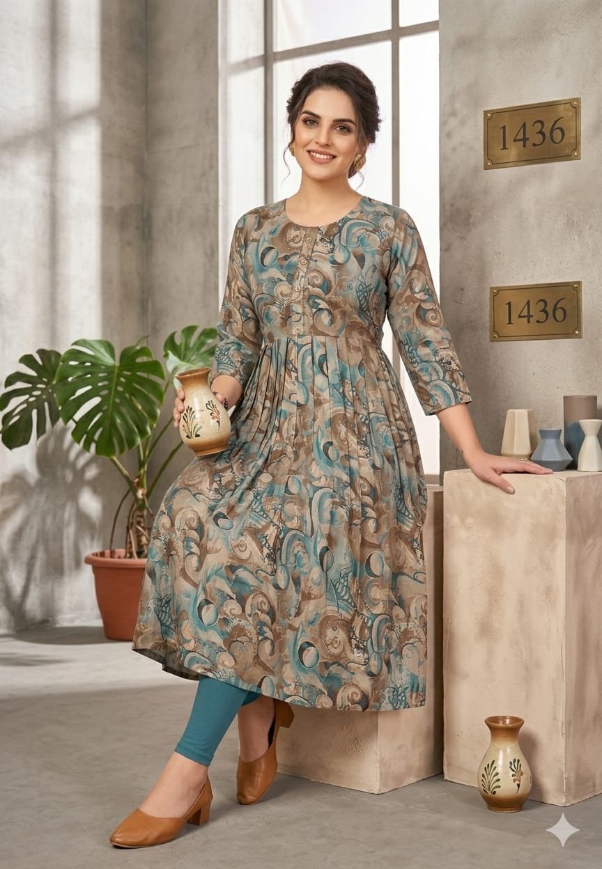 Multi-Color Abstract Printed Flared Kurti with 3/4 Sleeves