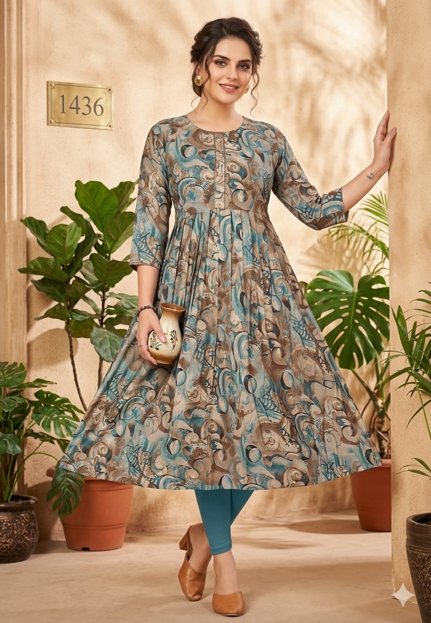 Multi-Color Abstract Printed Flared Kurti with 3/4 Sleeves