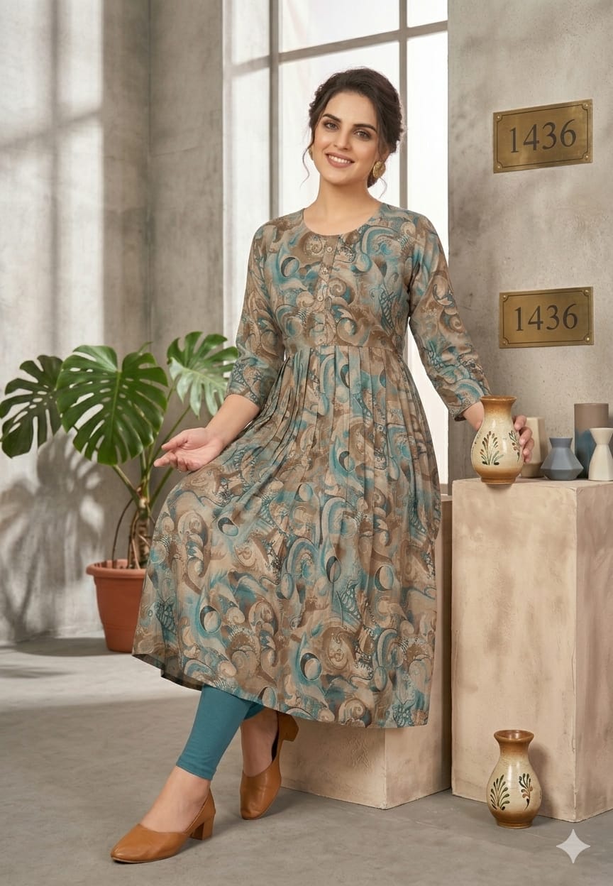 Multi-Color Abstract Printed Flared Kurti with 3/4 Sleeves