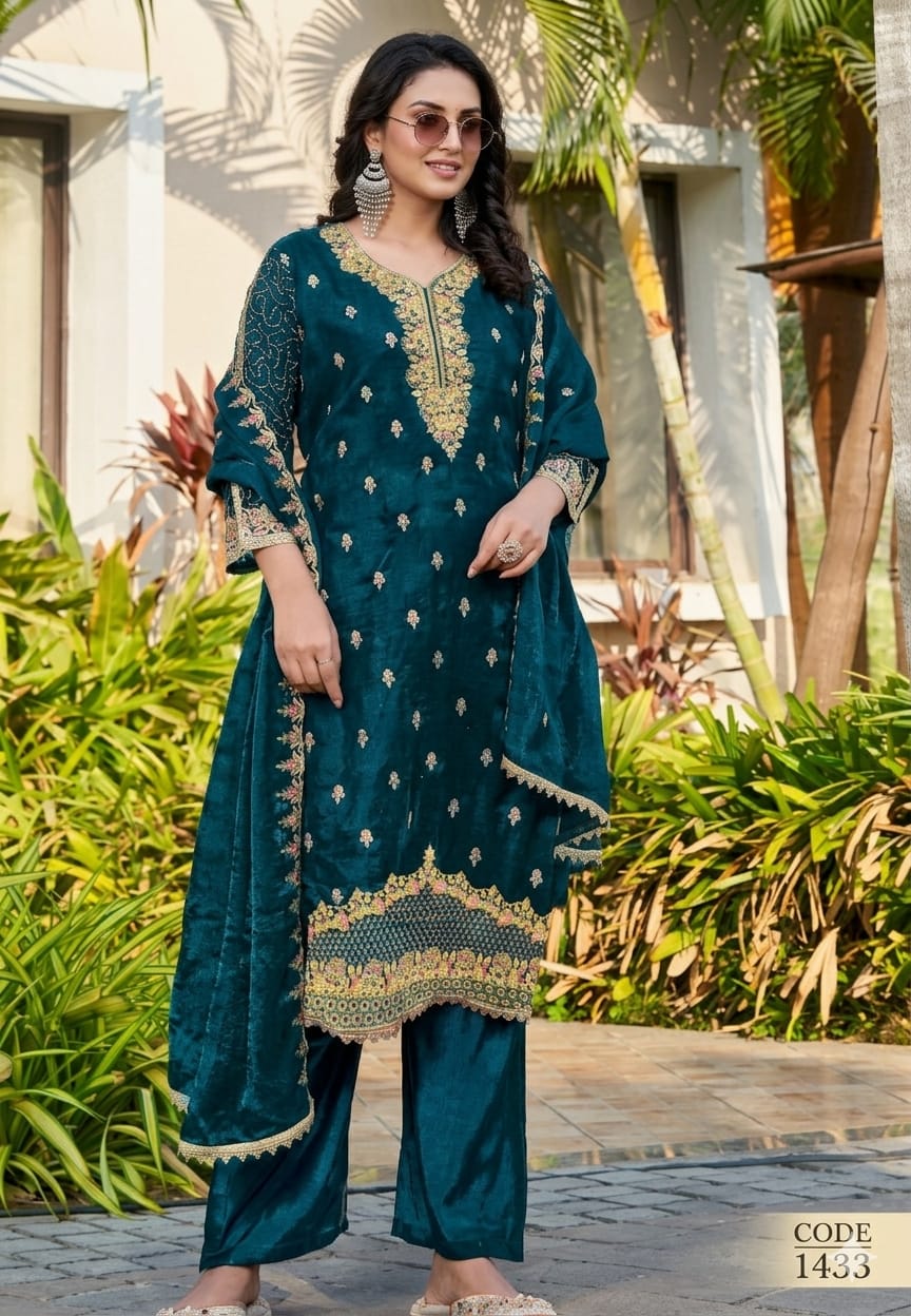 Deep Teal Cotton Salwar Kameez Suit – Intricate Zari Embroidered 3-Piece Set