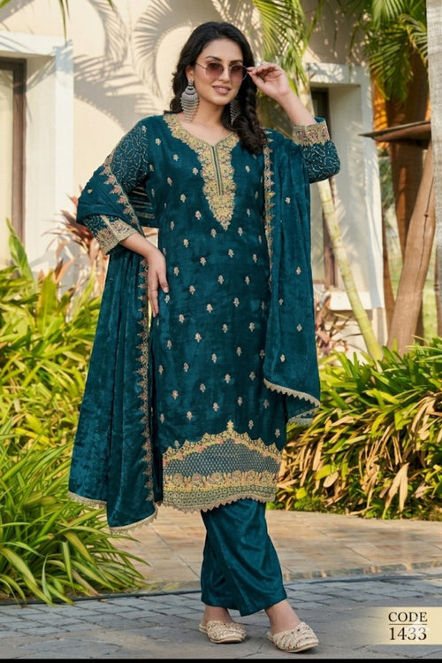 Deep Teal Cotton Salwar Kameez Suit – Intricate Zari Embroidered 3-Piece Set