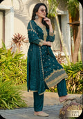 Deep Teal Cotton Salwar Kameez Suit – Intricate Zari Embroidered 3-Piece Set