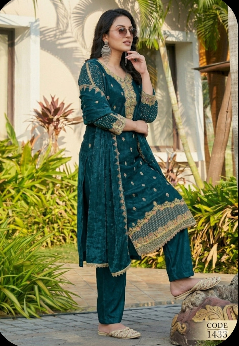 Deep Teal Cotton Salwar Kameez Suit – Intricate Zari Embroidered 3-Piece Set