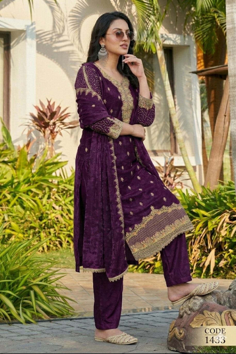 Regal Purple Cotton Embroidered Kurta Set with Dupatta and Pants