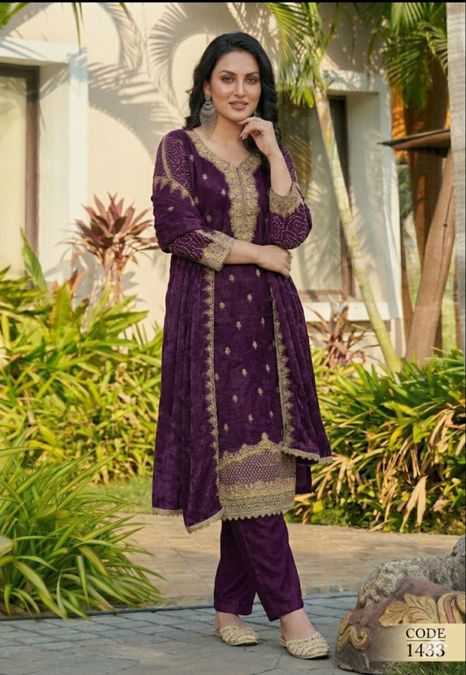 Regal Purple Cotton Embroidered Kurta Set with Dupatta and Pants