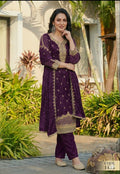 Regal Purple Cotton Embroidered Kurta Set with Dupatta and Pants