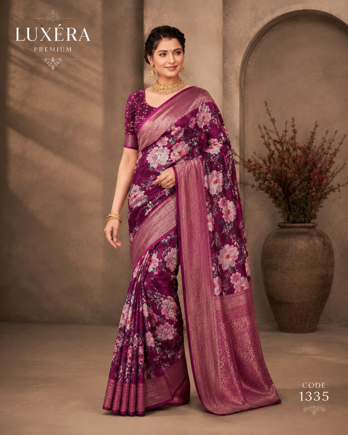 Luxera Premium Magenta Floral Print Saree with Rich Woven Border