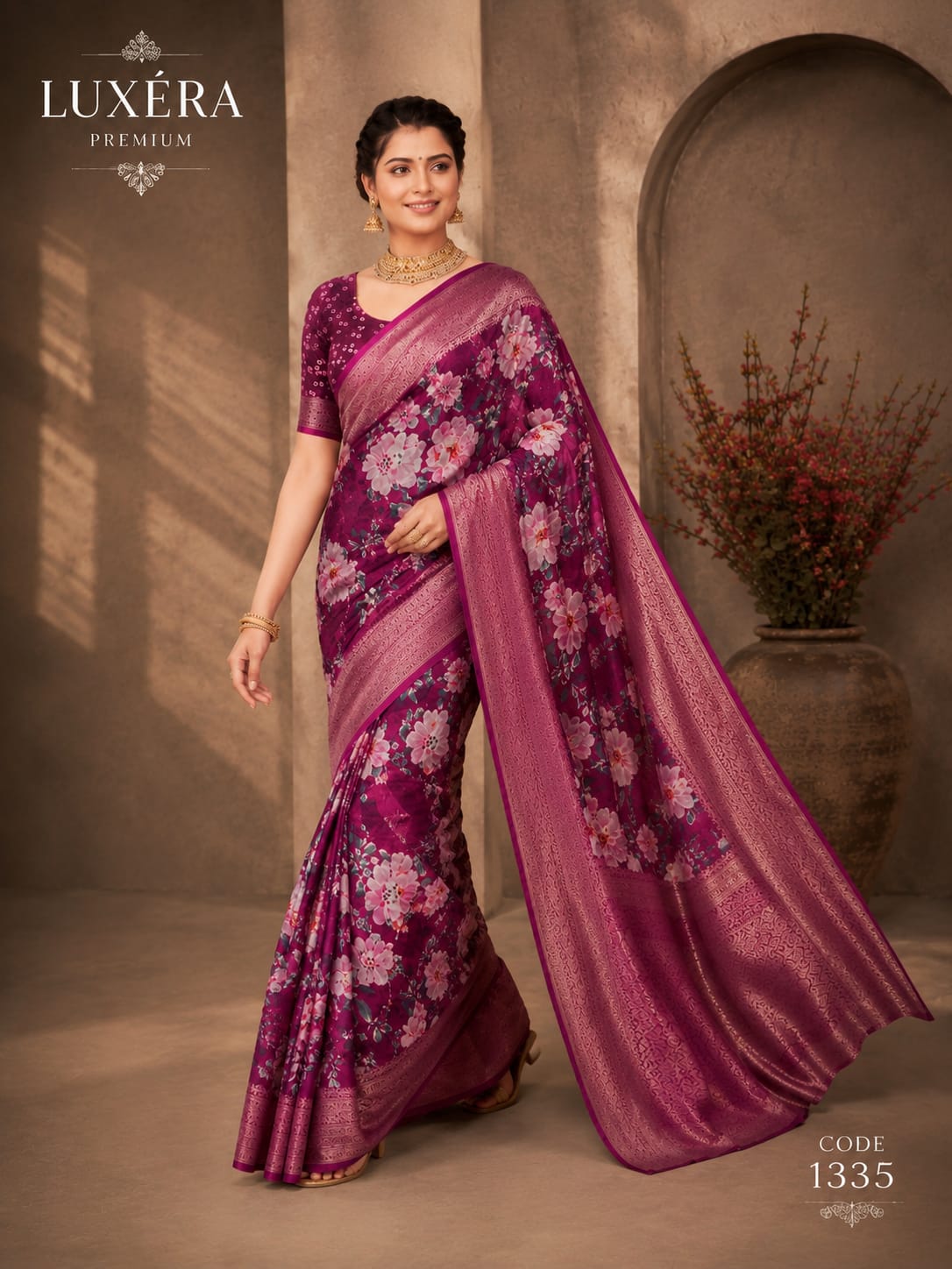 Luxera Premium Magenta Floral Print Saree with Rich Woven Border