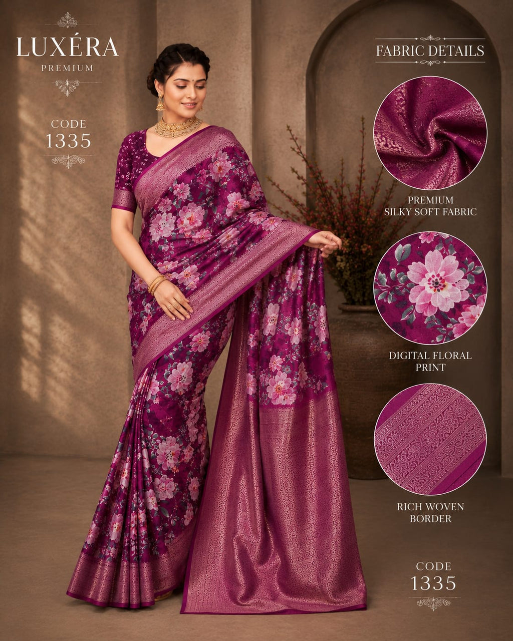 Luxera Premium Magenta Floral Print Saree with Rich Woven Border