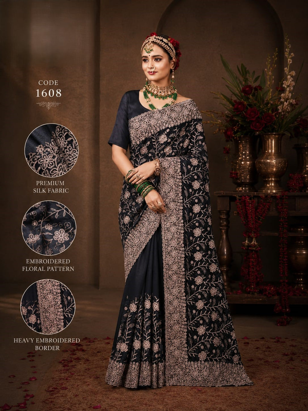 Midnight Black purple Premium Silk Saree with Heavy Floral Embroidery Border