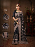 Midnight Black purple Premium Silk Saree with Heavy Floral Embroidery Border