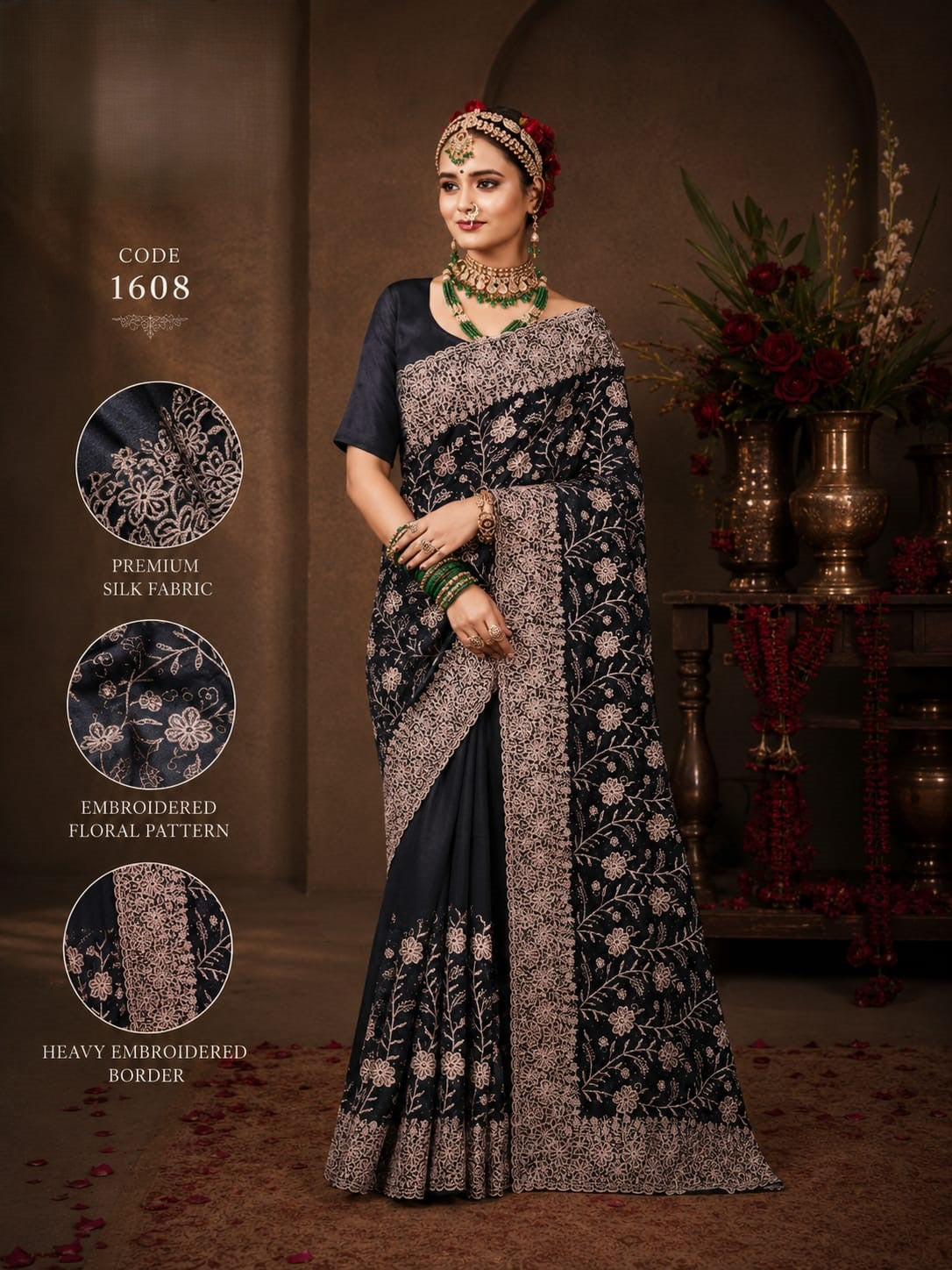 Midnight Black purple Premium Silk Saree with Heavy Floral Embroidery Border